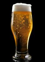 A glass of cold fresh beer with cap of foam. Splash of foam with tasty american beer. Beer day concept by AI Generated photo