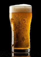 A glass of cold fresh beer with cap of foam. Splash of foam with tasty american beer. Beer day concept by AI Generated photo