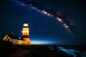 el lechoso camino terminado un faro y océano. generado por ai foto