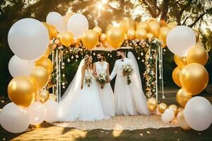 wedding couple under a golden arch with white and gold balloons. AI-Generated photo