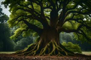 an old tree with large roots in the middle of a field. AI-Generated photo