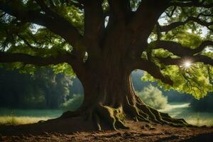 the sun shines through the trunk of an old oak tree. AI-Generated photo