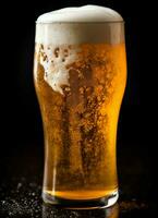 A glass of cold fresh beer with cap of foam. Splash of foam with tasty american beer. Beer day concept by AI Generated photo