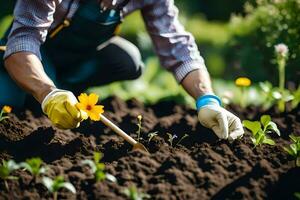 a man is kneeling down in the garden with a yellow flower. AI-Generated photo