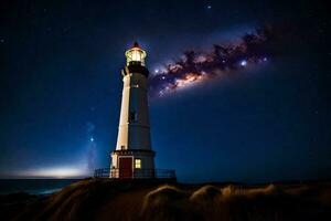 a lighthouse with stars in the sky and a milky way. AI-Generated photo