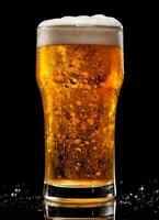 A glass of cold fresh beer with cap of foam. Splash of foam with tasty american beer. Beer day concept by AI Generated photo