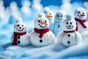 snowmen knitted in the snow. AI-Generated photo