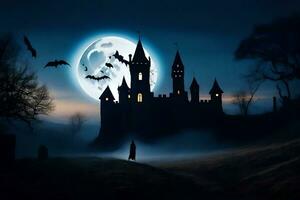 halloween castle with bats flying over it at night. AI-Generated photo