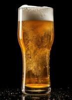 A glass of cold fresh beer with cap of foam. Splash of foam with tasty american beer. Beer day concept by AI Generated photo