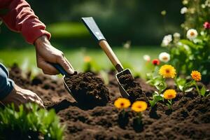 a person is digging in the soil with a shovel. AI-Generated photo