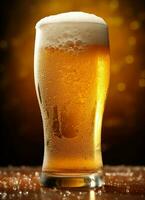 A glass of cold fresh beer with cap of foam. Splash of foam with tasty american beer. Beer day concept by AI Generated photo