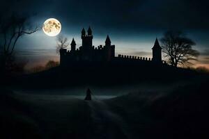 a castle in the dark with a full moon. AI-Generated photo