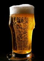 A glass of cold fresh beer with cap of foam. Splash of foam with tasty american beer. Beer day concept by AI Generated photo