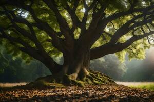 un grande árbol en el medio de un campo. generado por ai foto