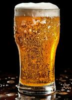 A glass of cold fresh beer with cap of foam. Splash of foam with tasty american beer. Beer day concept by AI Generated photo