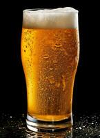 A glass of cold fresh beer with cap of foam. Splash of foam with tasty american beer. Beer day concept by AI Generated photo