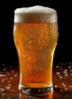 A glass of cold fresh beer with cap of foam. Splash of foam with tasty american beer. Beer day concept by AI Generated photo