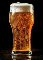 A glass of cold fresh beer with cap of foam. Splash of foam with tasty american beer. Beer day concept by AI Generated photo