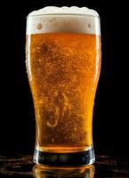 A glass of cold fresh beer with cap of foam. Splash of foam with tasty american beer. Beer day concept by AI Generated photo