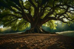 un antiguo roble árbol es mostrado en un campo. generado por ai foto