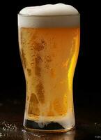 A glass of cold fresh beer with cap of foam. Splash of foam with tasty american beer. Beer day concept by AI Generated photo