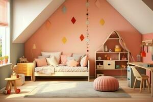 Modern child bedroom interior design in house with decoration children. Colorful children bedroom concept by AI Generated photo