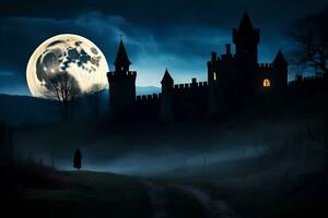 a castle in the dark with a full moon. AI-Generated photo