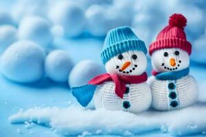 two snowmen wearing hats and scarves on a blue background. AI-Generated photo