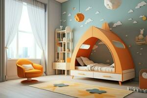 moderno niño dormitorio interior diseño en casa con decoración niños. vistoso niños dormitorio concepto por ai generado foto