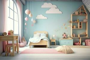 moderno niño dormitorio interior diseño en casa con decoración niños. vistoso niños dormitorio concepto por ai generado foto