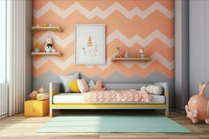 moderno niño dormitorio interior diseño en casa con decoración niños. vistoso niños dormitorio concepto por ai generado foto