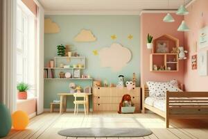 moderno niño dormitorio interior diseño en casa con decoración niños. vistoso niños dormitorio concepto por ai generado foto