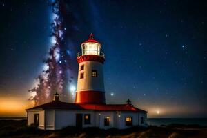 a lighthouse with a starry sky above it. AI-Generated photo