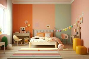 Modern child bedroom interior design in house with decoration children. Colorful children bedroom concept by AI Generated photo