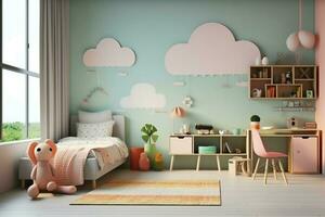 Modern child bedroom interior design in house with decoration children. Colorful children bedroom concept by AI Generated photo