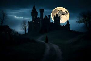 a castle in the dark with a full moon. AI-Generated photo