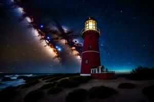 a lighthouse with stars in the sky and the milky way. AI-Generated photo