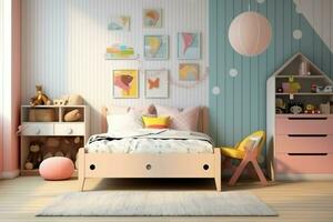 moderno niño dormitorio interior diseño en casa con decoración niños. vistoso niños dormitorio concepto por ai generado foto