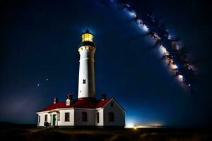 a lighthouse is lit up by the milky way. AI-Generated photo