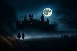 two people walking in the fog at night with a castle in the background. AI-Generated photo