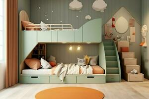 Modern child bedroom interior design in house with decoration children. Colorful children bedroom concept by AI Generated photo