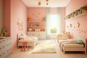 moderno niño dormitorio interior diseño en casa con decoración niños. vistoso niños dormitorio concepto por ai generado foto