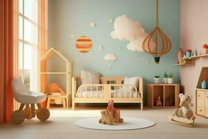 moderno niño dormitorio interior diseño en casa con decoración niños. vistoso niños dormitorio concepto por ai generado foto