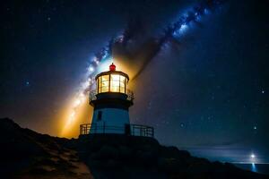 a lighthouse with a bright light shining in the sky. AI-Generated photo