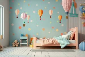 moderno niño dormitorio interior diseño en casa con decoración niños. vistoso niños dormitorio concepto por ai generado foto