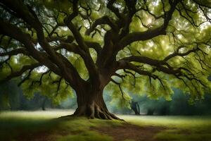 an image of a large tree in the middle of a field. AI-Generated photo