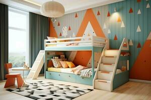 moderno niño dormitorio interior diseño en casa con decoración niños. vistoso niños dormitorio concepto por ai generado foto