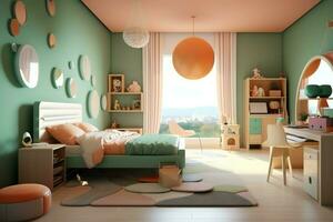 moderno niño dormitorio interior diseño en casa con decoración niños. vistoso niños dormitorio concepto por ai generado foto