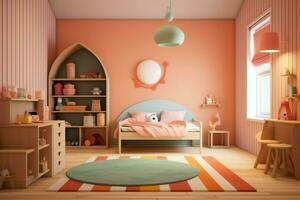 moderno niño dormitorio interior diseño en casa con decoración niños. vistoso niños dormitorio concepto por ai generado foto