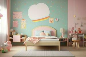 moderno niño dormitorio interior diseño en casa con decoración niños. vistoso niños dormitorio concepto por ai generado foto